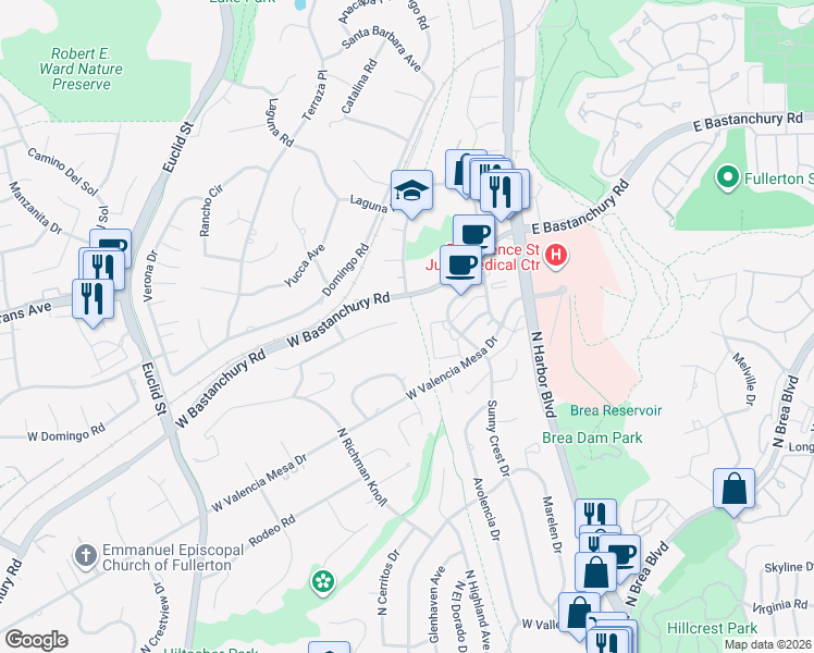 map of restaurants, bars, coffee shops, grocery stores, and more near 500 Green Acre Drive in Fullerton