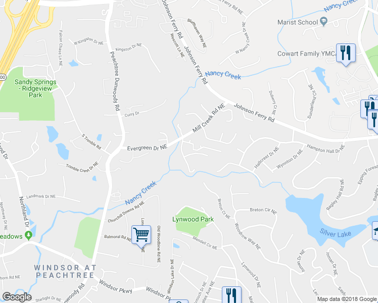 map of restaurants, bars, coffee shops, grocery stores, and more near 1026 Mill Overlook Northeast in Atlanta