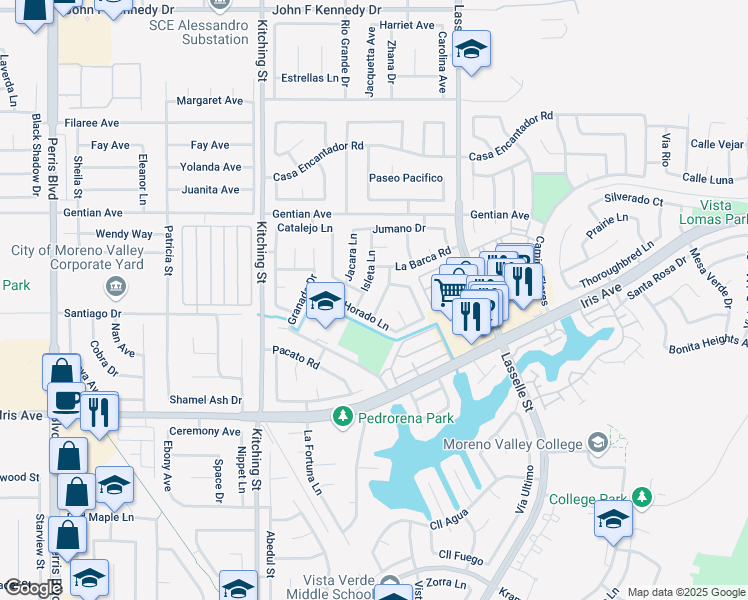 map of restaurants, bars, coffee shops, grocery stores, and more near 15665 Las Posas Drive in Moreno Valley