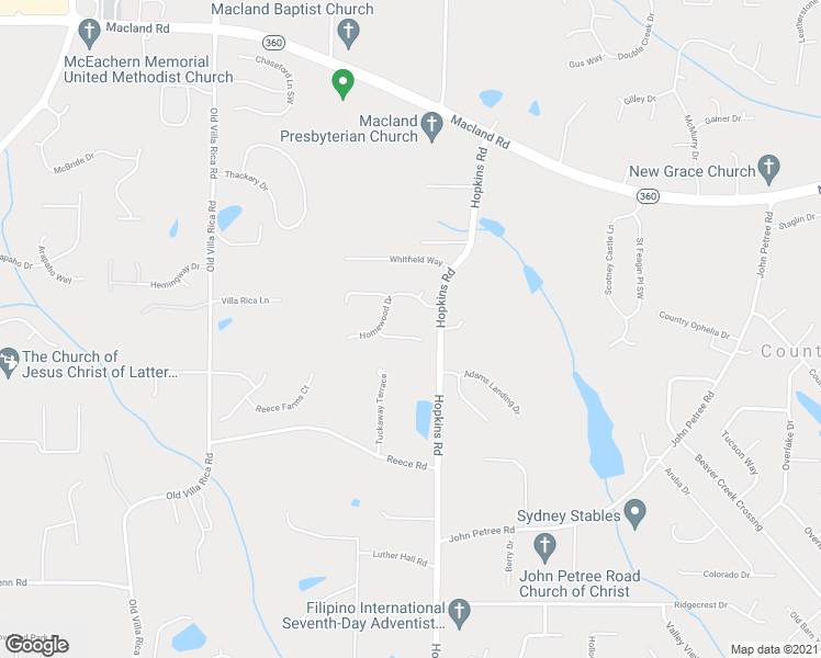 map of restaurants, bars, coffee shops, grocery stores, and more near 3585 Homewood Lane in Powder Springs