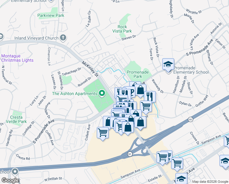 map of restaurants, bars, coffee shops, grocery stores, and more near 2225 Treehouse Lane in Corona