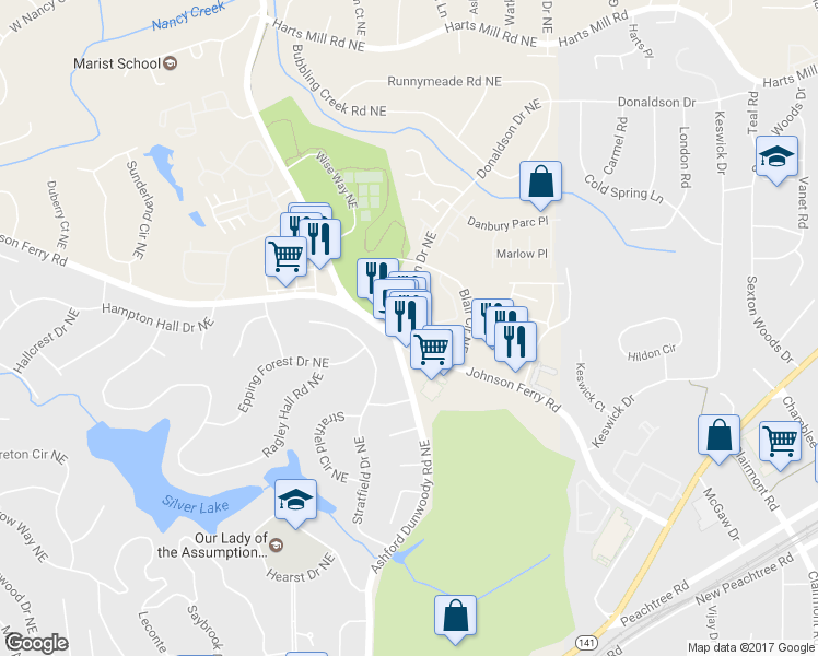 map of restaurants, bars, coffee shops, grocery stores, and more near 2146 Johnson Ferry Road Northeast in Atlanta