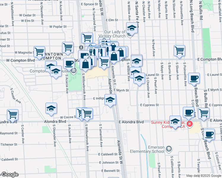 map of restaurants, bars, coffee shops, grocery stores, and more near South Alameda Street & East Myrrh Street in Compton