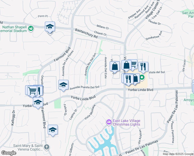 map of restaurants, bars, coffee shops, grocery stores, and more near 4660 Vía Frondosa in Yorba Linda