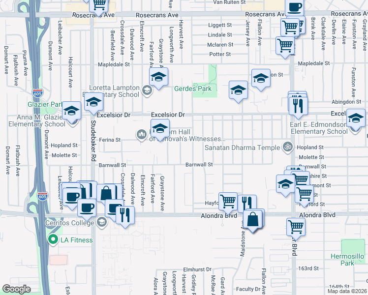 map of restaurants, bars, coffee shops, grocery stores, and more near 15216 Harvest Avenue in Norwalk