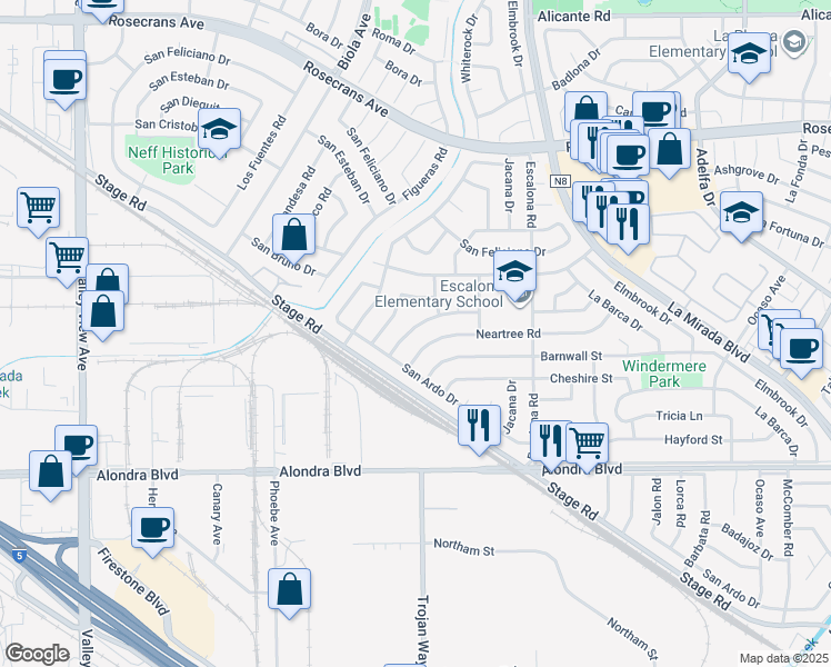 map of restaurants, bars, coffee shops, grocery stores, and more near 14760 La Capelle Road in La Mirada