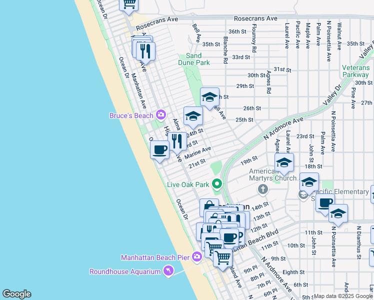 map of restaurants, bars, coffee shops, grocery stores, and more near 2213 Alma Avenue in Manhattan Beach
