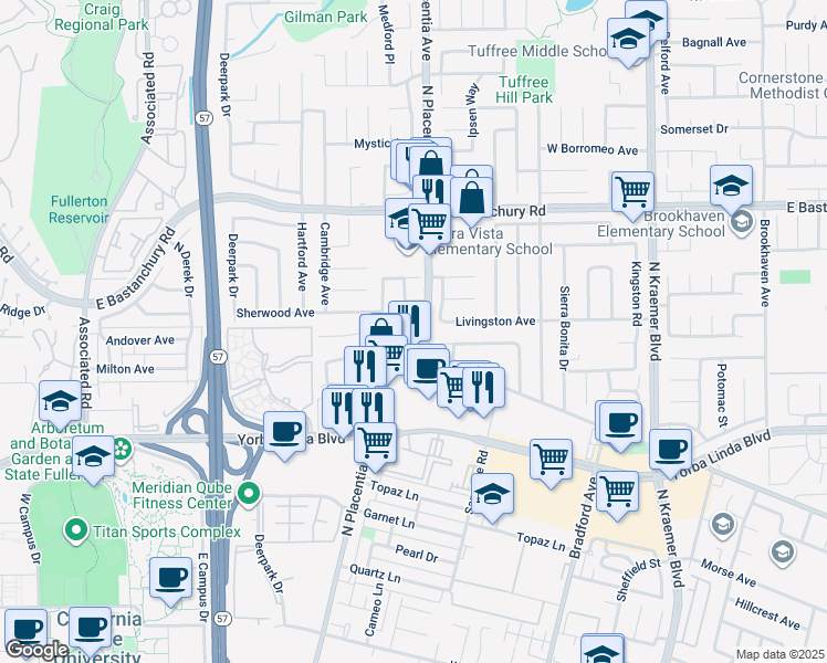 map of restaurants, bars, coffee shops, grocery stores, and more near 1662 Saint James Place in Placentia