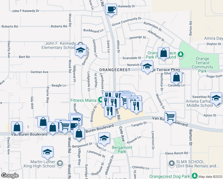 map of restaurants, bars, coffee shops, grocery stores, and more near 8646 Cabin Place in Riverside