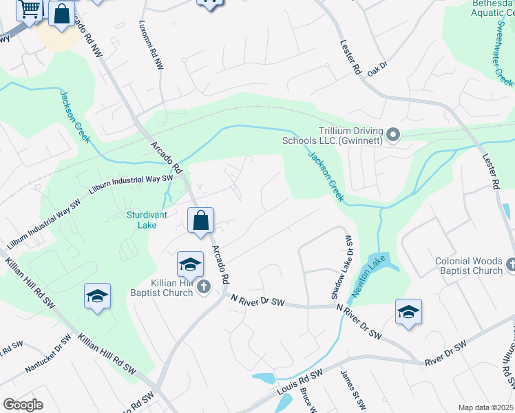 map of restaurants, bars, coffee shops, grocery stores, and more near 102 River Pointe Court Southwest in Lilburn