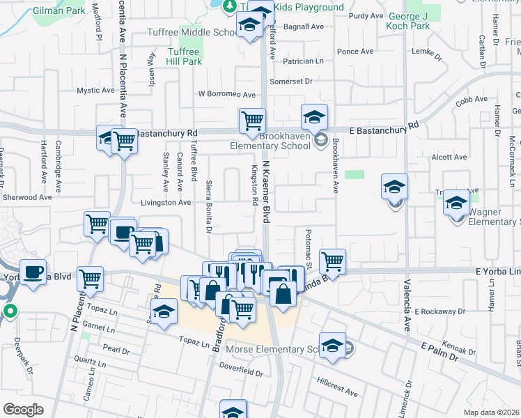 map of restaurants, bars, coffee shops, grocery stores, and more near 1636 Kingston Road in Placentia