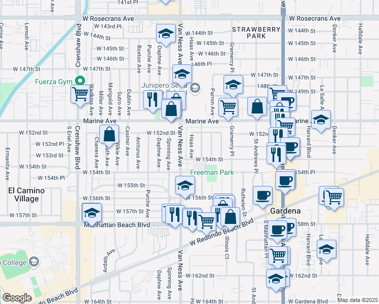 map of restaurants, bars, coffee shops, grocery stores, and more near 15313 Haas Avenue in Gardena