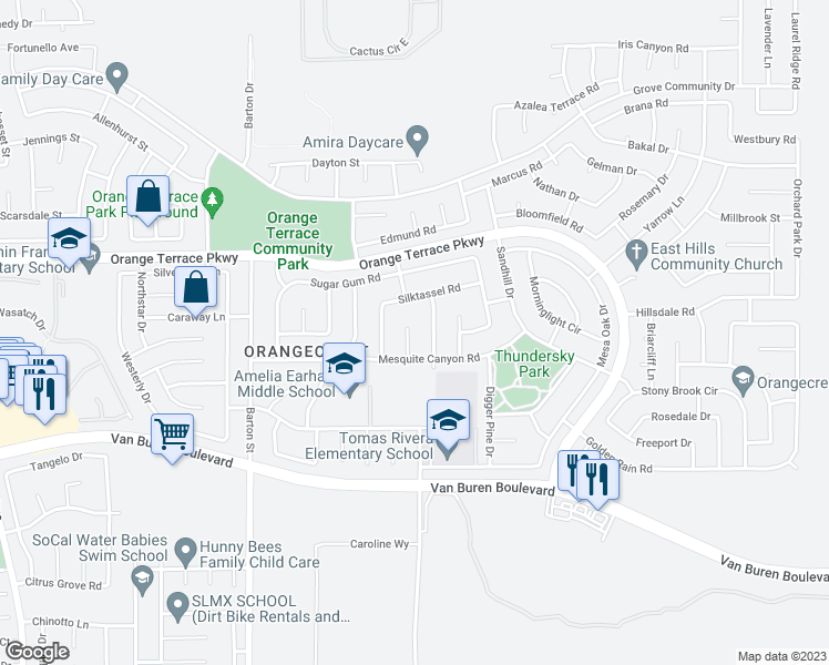 map of restaurants, bars, coffee shops, grocery stores, and more near 8738 Senna Lane in Riverside