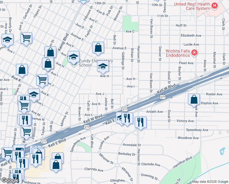 map of restaurants, bars, coffee shops, grocery stores, and more near 2134 Avenue J in Wichita Falls