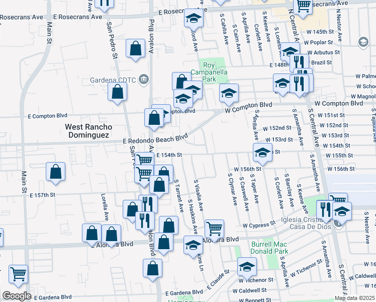 map of restaurants, bars, coffee shops, grocery stores, and more near 811 East 154th Street in Compton