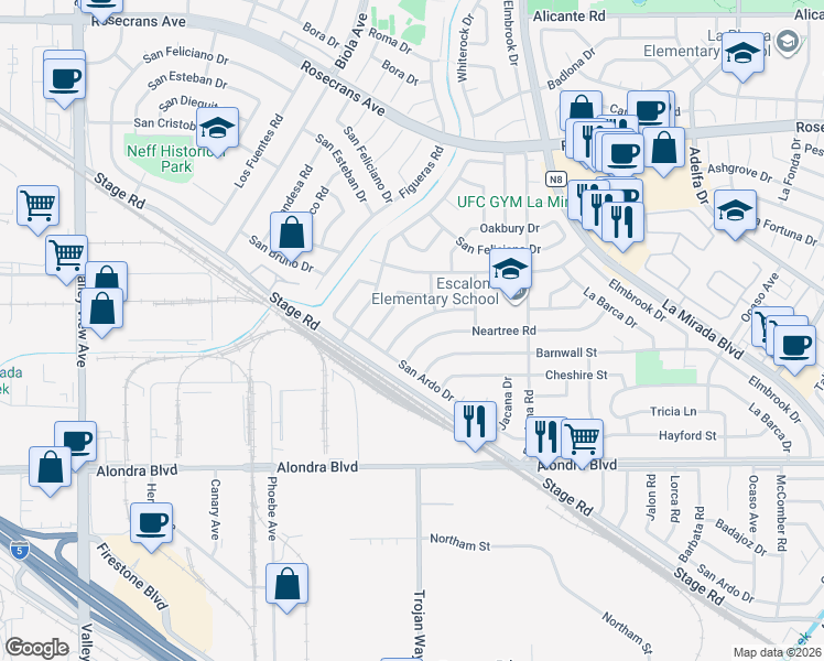 map of restaurants, bars, coffee shops, grocery stores, and more near 14760 La Capelle Road in La Mirada