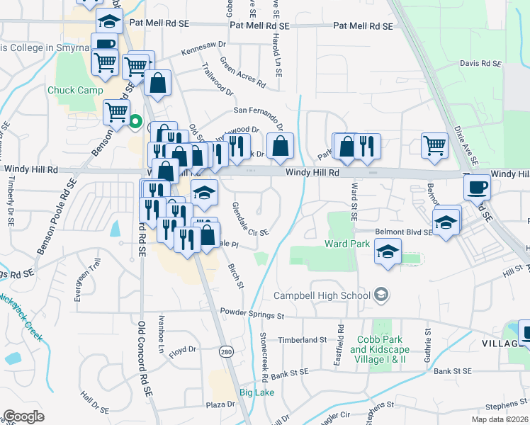 map of restaurants, bars, coffee shops, grocery stores, and more near 2481 Pasadena Place in Smyrna