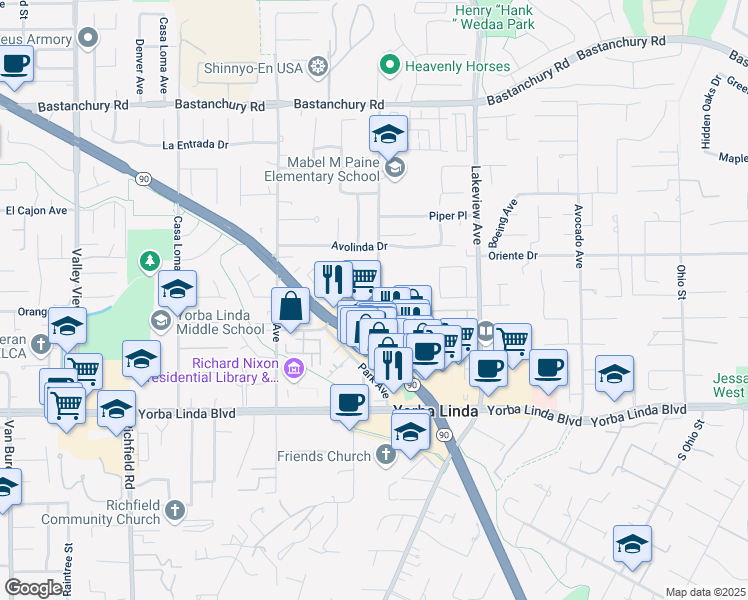map of restaurants, bars, coffee shops, grocery stores, and more near 18242 Mandarin Lane in Yorba Linda