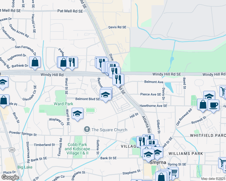 map of restaurants, bars, coffee shops, grocery stores, and more near 1129 Kirkland Circle in Smyrna
