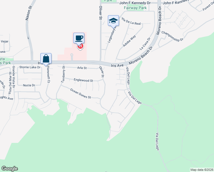 map of restaurants, bars, coffee shops, grocery stores, and more near 15700 Oliver Street in Moreno Valley