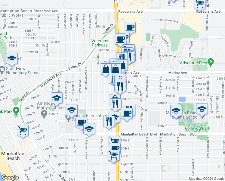 map of restaurants, bars, coffee shops, grocery stores, and more near 1904 Oak Avenue in Manhattan Beach