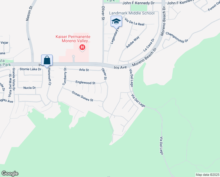 map of restaurants, bars, coffee shops, grocery stores, and more near 15700 Oliver Street in Moreno Valley