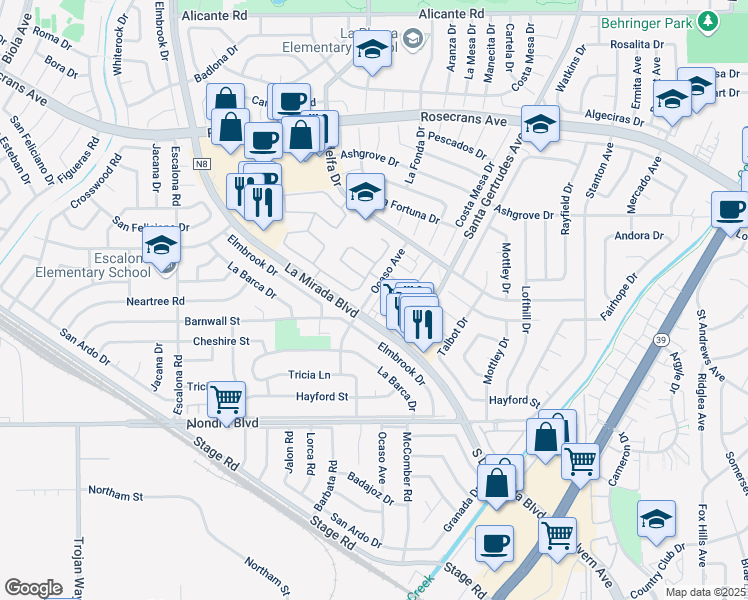 map of restaurants, bars, coffee shops, grocery stores, and more near 15300 Ocaso Avenue in La Mirada