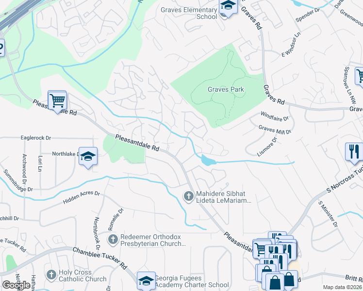 map of restaurants, bars, coffee shops, grocery stores, and more near 3464 Washington Way in Doraville