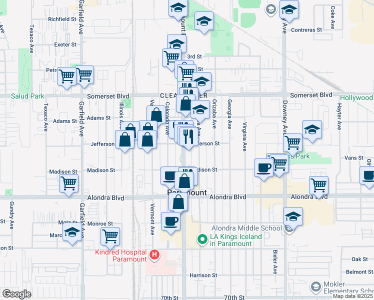 map of restaurants, bars, coffee shops, grocery stores, and more near 15512 Paramount Boulevard in Paramount
