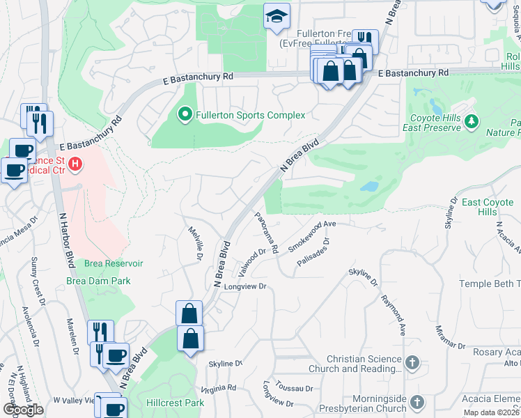 map of restaurants, bars, coffee shops, grocery stores, and more near 1923 Overlook Road in Fullerton