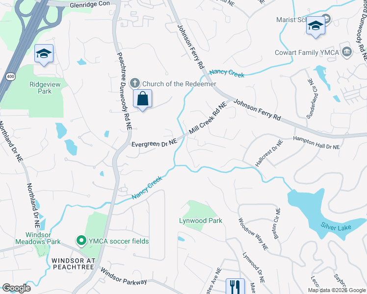 map of restaurants, bars, coffee shops, grocery stores, and more near 1022 Mill Overlook Northeast in Atlanta