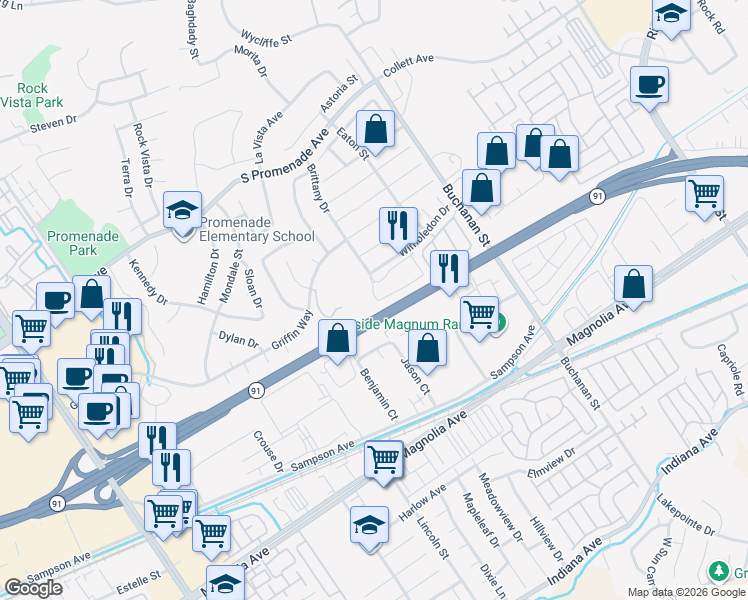 map of restaurants, bars, coffee shops, grocery stores, and more near 310 Vía Lugano in Corona