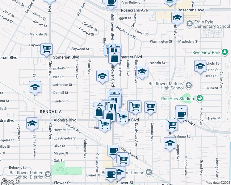 map of restaurants, bars, coffee shops, grocery stores, and more near 15512 Bellflower Blvd in Bellflower
