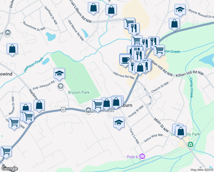 map of restaurants, bars, coffee shops, grocery stores, and more near 395 Holly Ridge Drive Northwest in Lilburn