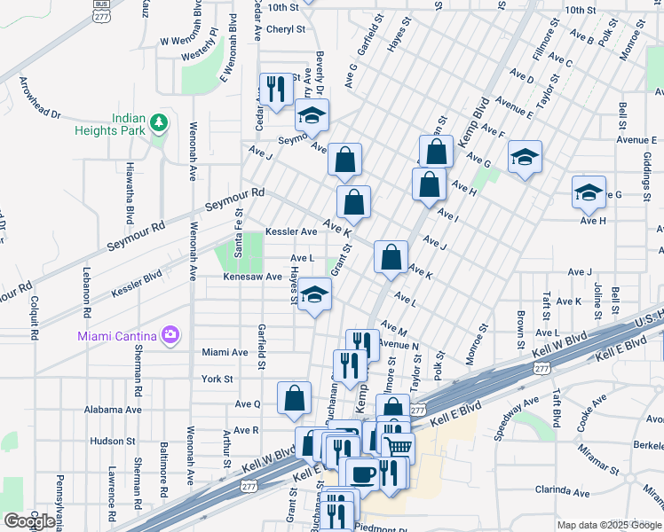 map of restaurants, bars, coffee shops, grocery stores, and more near 2200 Grant Street in Wichita Falls