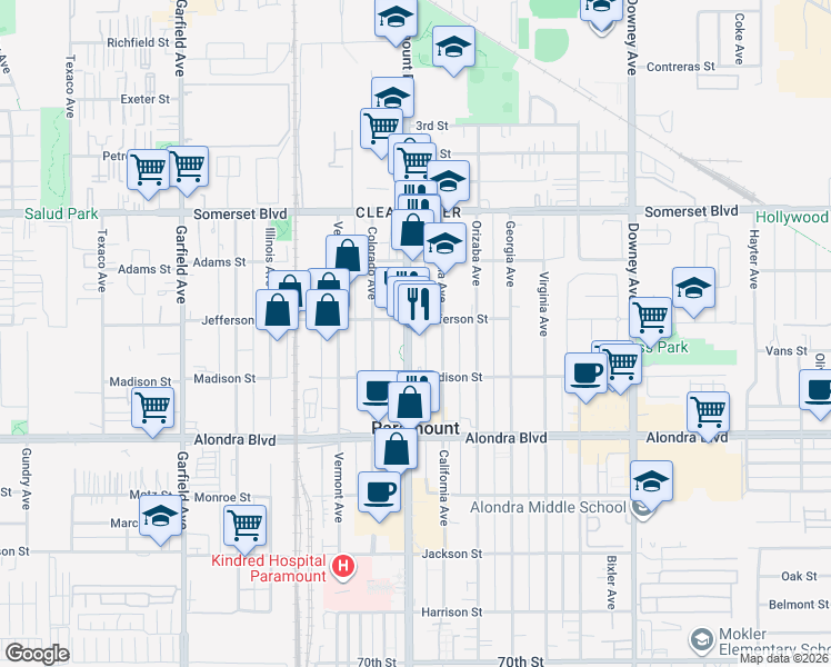 map of restaurants, bars, coffee shops, grocery stores, and more near 15512 Paramount Boulevard in Paramount