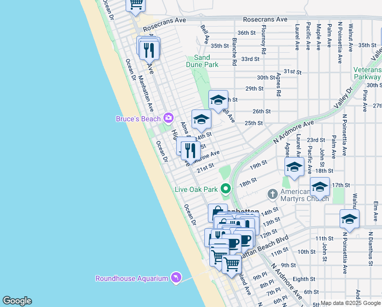 map of restaurants, bars, coffee shops, grocery stores, and more near 316 23rd Street in Manhattan Beach