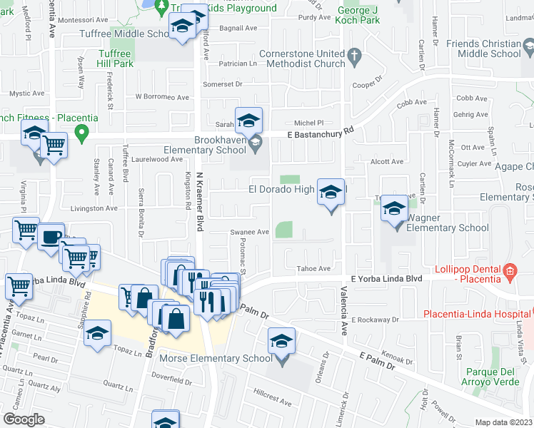 map of restaurants, bars, coffee shops, grocery stores, and more near 1619 Brookhaven Avenue in Placentia