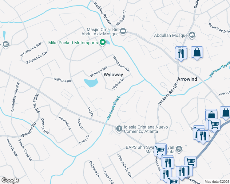 map of restaurants, bars, coffee shops, grocery stores, and more near 5646 Wylake Drive in Norcross