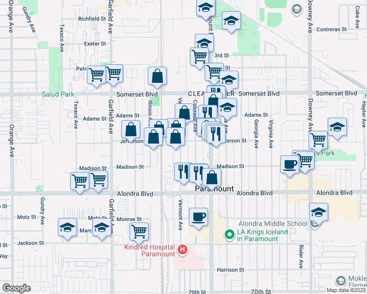 map of restaurants, bars, coffee shops, grocery stores, and more near 15512 Vermont Avenue in Paramount