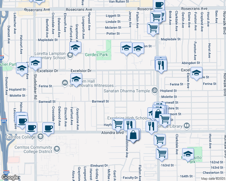 map of restaurants, bars, coffee shops, grocery stores, and more near 15217 Gard Avenue in Norwalk