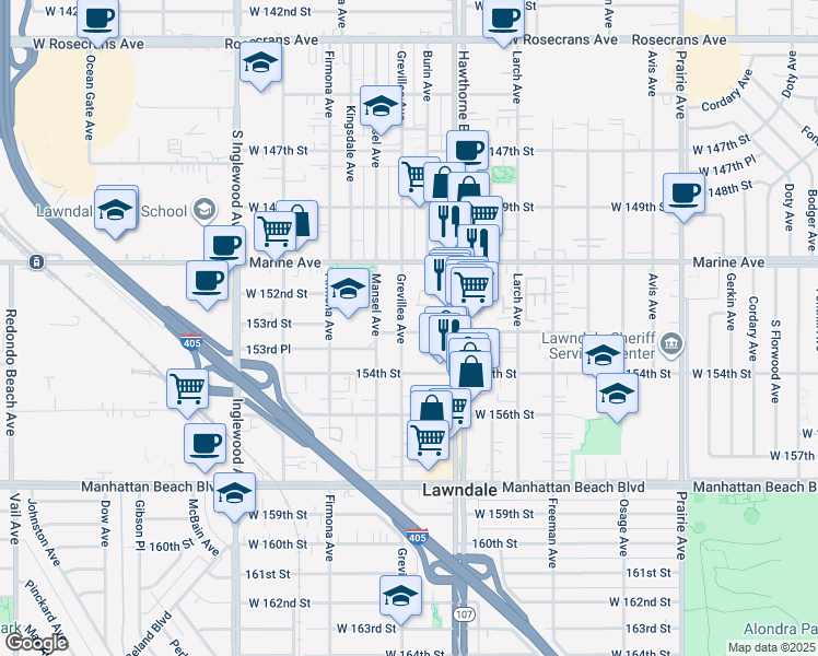 map of restaurants, bars, coffee shops, grocery stores, and more near 4491 153rd Street in Lawndale