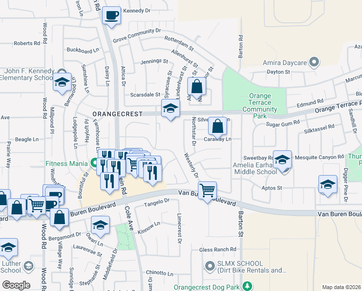 map of restaurants, bars, coffee shops, grocery stores, and more near 19755 Westerly Drive in Riverside