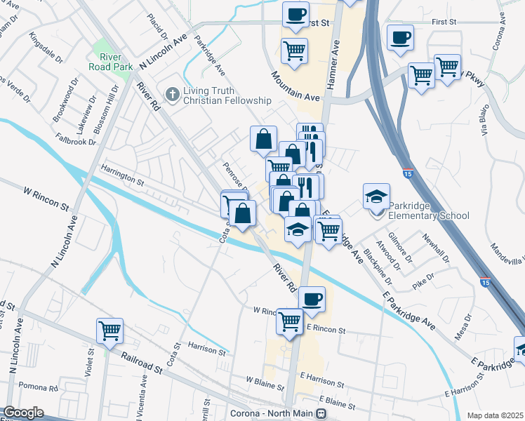 map of restaurants, bars, coffee shops, grocery stores, and more near 436 Merced Court in Corona
