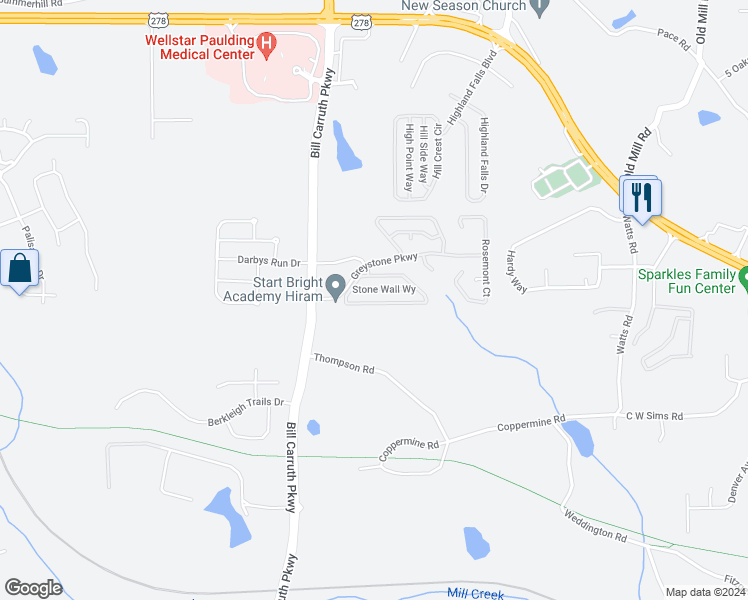 map of restaurants, bars, coffee shops, grocery stores, and more near 169 Stone Ridge Circle in Hiram