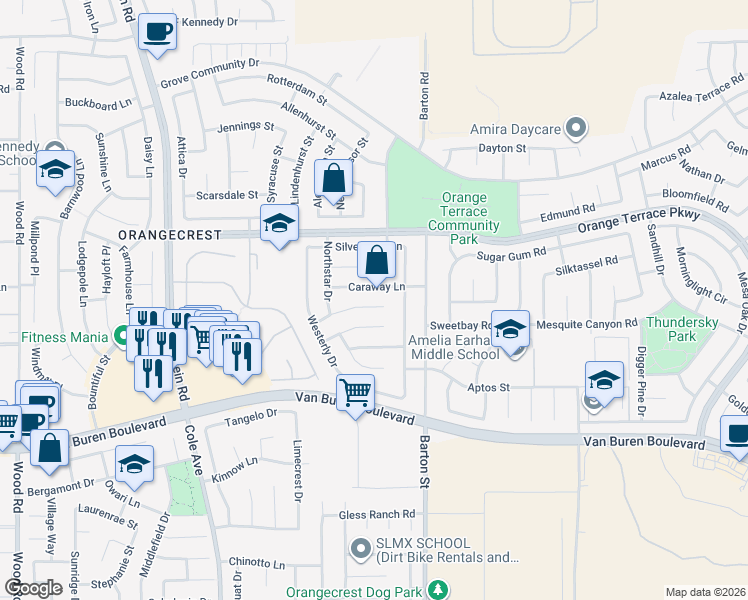 map of restaurants, bars, coffee shops, grocery stores, and more near 19956 Windwood Circle in Riverside