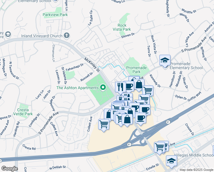 map of restaurants, bars, coffee shops, grocery stores, and more near 2198 McKinley Street in Corona