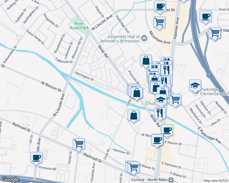map of restaurants, bars, coffee shops, grocery stores, and more near 608 Harrington Street in Corona