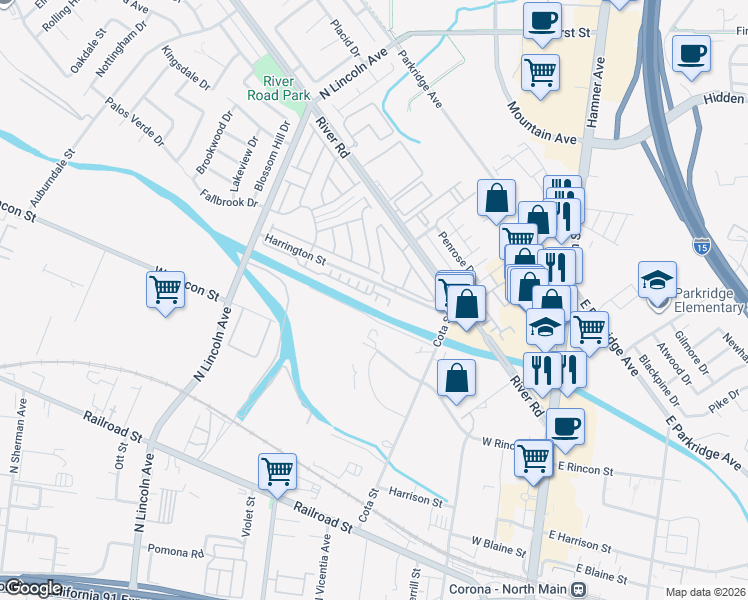 map of restaurants, bars, coffee shops, grocery stores, and more near 608 Harrington Street in Corona