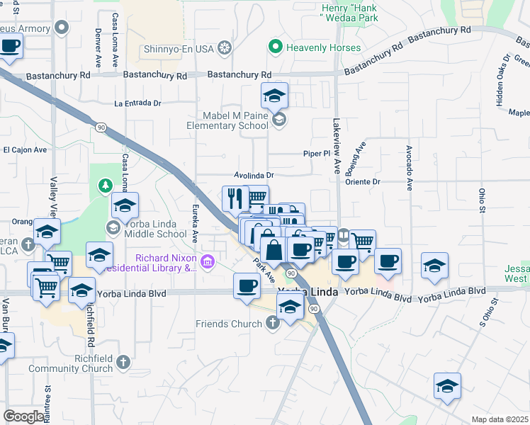 map of restaurants, bars, coffee shops, grocery stores, and more near 18242 Mandarin Lane in Yorba Linda
